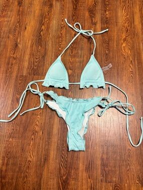 Light Aqua Ruffled Triangle Bikini Set & Hot Pink Bikini Top